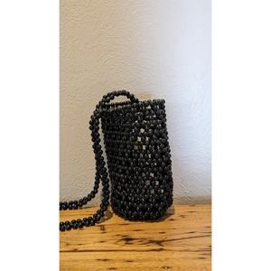 Vintage Black Beaded Open Bucket Crossbody Bag